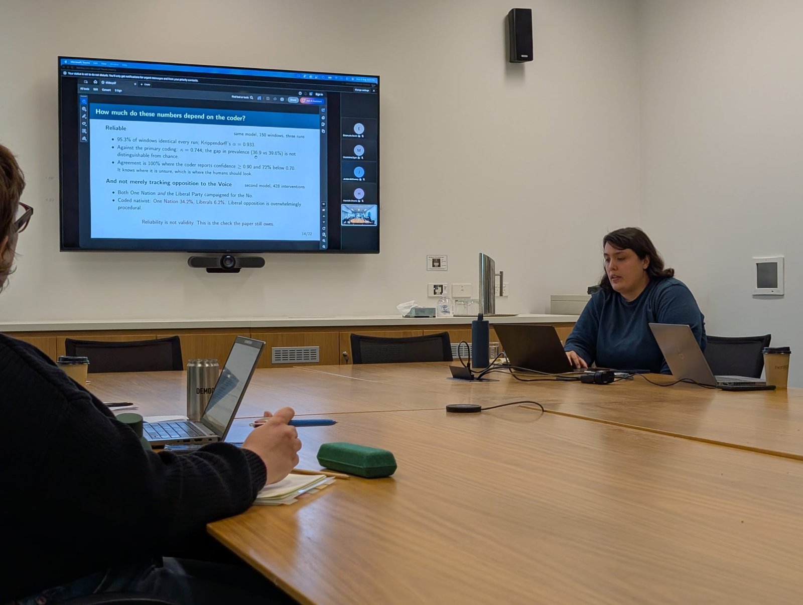 Presenting preliminary results at a seminar table, with a slide on the screen behind