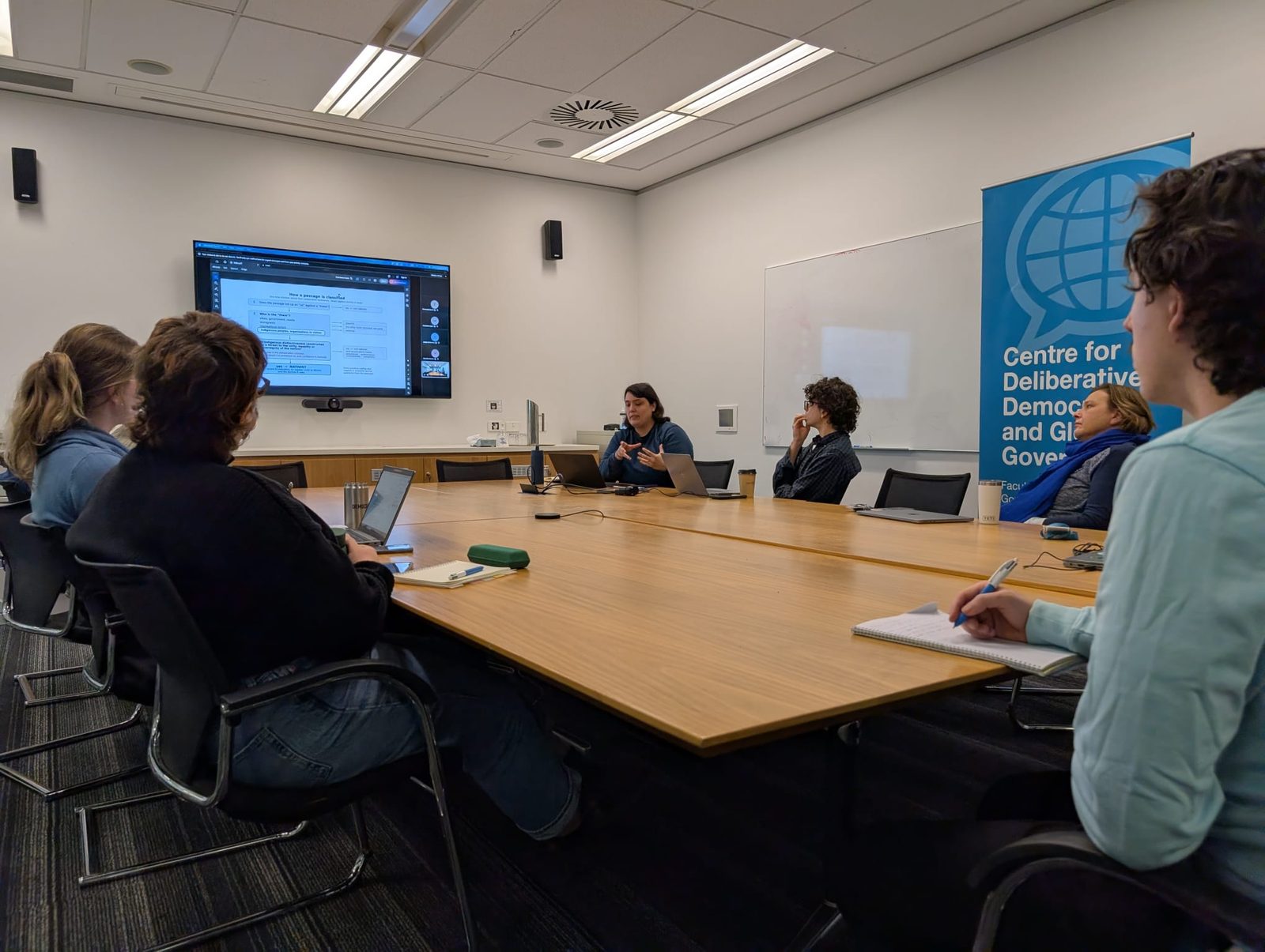 Seminar room at the Centre for Deliberative Democracy and Global Governance, with participants around the table